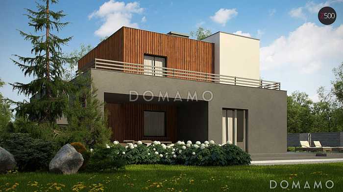 Проект современного двухэтажного кирпичного дома с четырьмя комнатами, гаражом и террасой на втором этаже