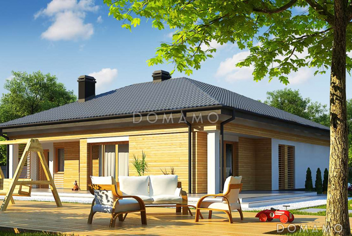 Проект одноэтажного дома из газобетона с дневной зоной в тыльной части дома и выходом на большую террасу и гаражом на один автомобиль