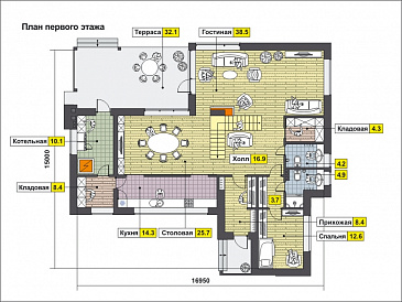 Проект дома с косой крышей, террасой, вытянутой прямоугольной кухней, просторной совмещенной гостиной столовой, спальней на первом этаже, вторым светом, игровой, кабинетом под крышей / План 1 этажа