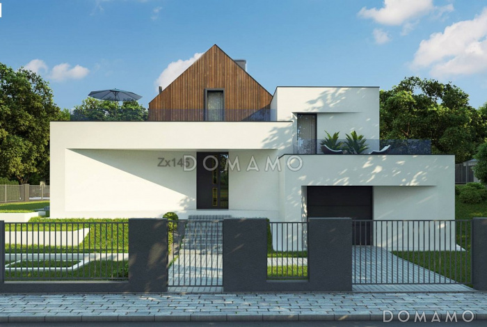 Проект современного двухэтажного дома из газобетона необычной формы и планировки с подземным гаражом и террасой на втором этаже