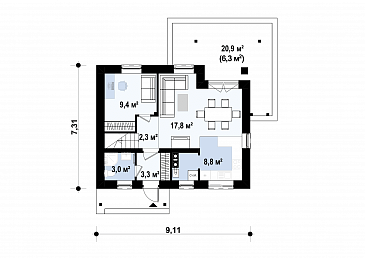 Проект компактного одноэтажного мансардного дома из газобетона с кабинетом на первом этаже и тремя спальнями на мансарде / План 1 этажа