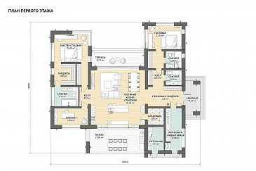 Проект кирпичного дома с масштабным остеклением, двумя жилыми зонами, соединенными гостиной-столовой / План 1 этажа