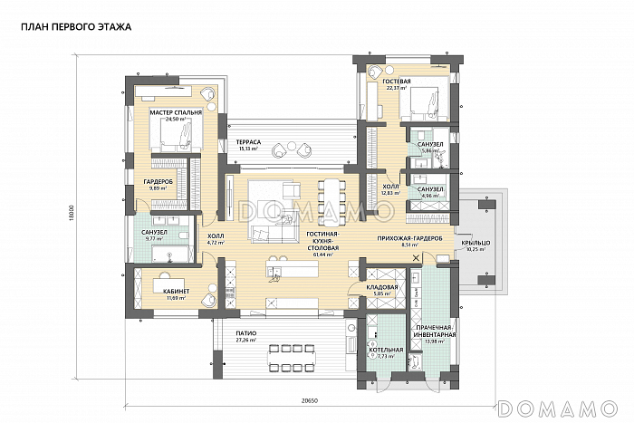 Проект кирпичного дома с масштабным остеклением, двумя жилыми зонами, соединенными гостиной-столовой / План 1 этажа