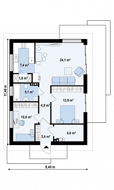 Проект компактного одноэтажного дома из газобетона с двумя спальнями, изолированной кухней и торцевым входом / План 1 этажа