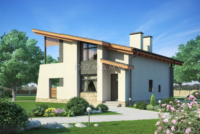 Проект загородного дома с косой крышей, открытой террасой, двумя балконами, панорамными окнами