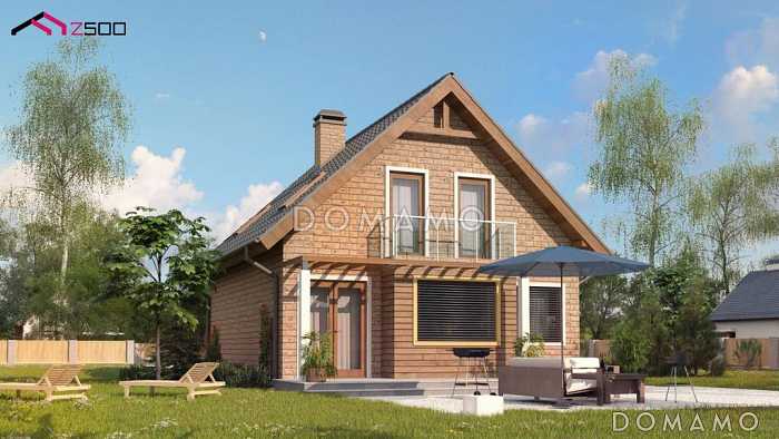 Проект загородного с отделкой фасадов кирпичом, кладовой, с террасой, балконом