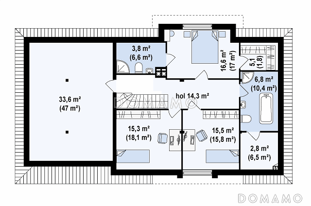 Проект просторного одноэтажного дома из газобетона со свободной зоной на мансардном этаже и со встроенным гаражом / План мансардного этажа
