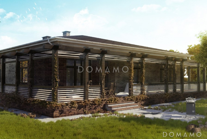 Проект большого одноэтажного дома со встроенным гаражом и большой террасой