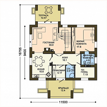 Проект двухэтажного коттеджа с панорамным остеклением на террасу и со вставками красного кирпича / План 1 этажа