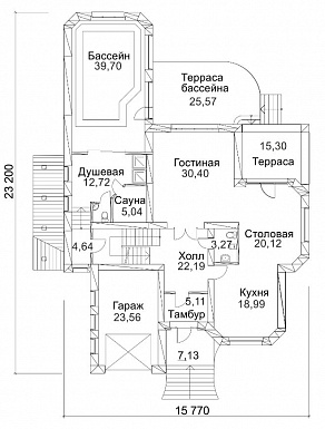 Проект дома из кирпича с сауной и пристроенным бассейном / План 1 этажа