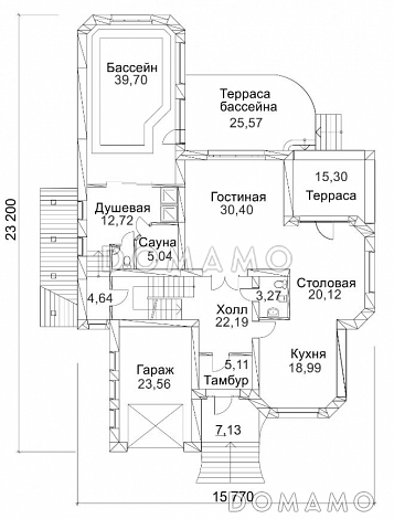 Проект дома из кирпича с сауной и пристроенным бассейном / План 1 этажа
