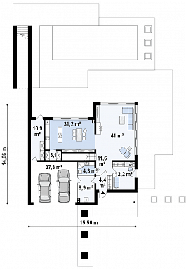 Проект современного двухэтажного дома из газобетона с плоской крышей необычного дизайна, с большими террасами на обоих уровнях, подходит для участка со склоном / План 1 этажа
