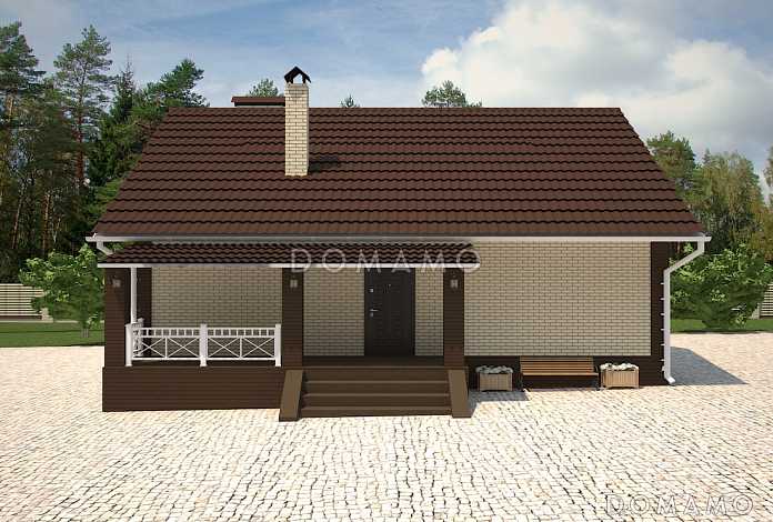 Проект дома с крытым крыльцом, изолированной кухней, тремя спальнями и санузлом с окном