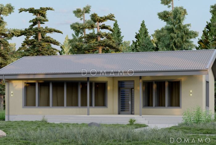 Проект одноэтажной бани с панорамным остеклением, крытой террасой, спальней