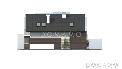 Проект аккуратного одноэтажного мансардного дома из кирпича для узкого участка / Фасад 4