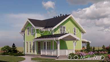 Проект каркасного дома с мансардой, 5 спальнями, гостиной-столовой и крытой террасой