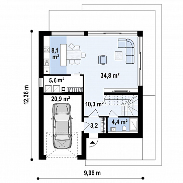 Проект комфортного загородного дома с панорамным остеклением гостиной, гаражом, кладовой и мастер-спальней на мансарде / План 1 этажа