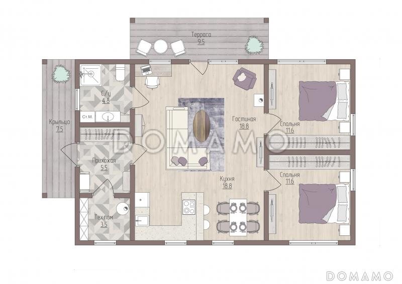 ЮВА одноэтажный дом  / План 1 этажа