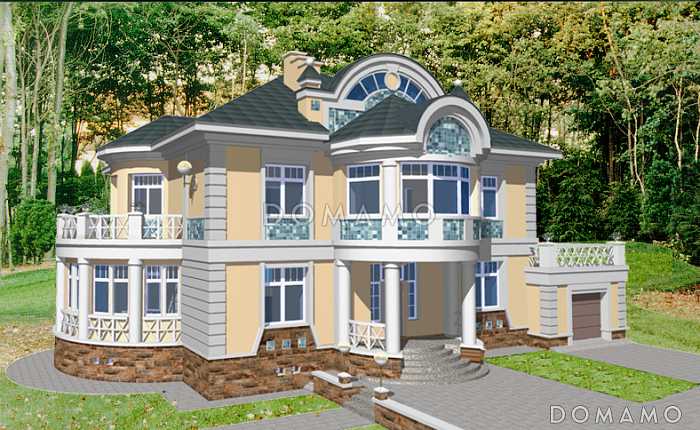 Проект коттеджа с двусветной гостиной, гаражом и террасой