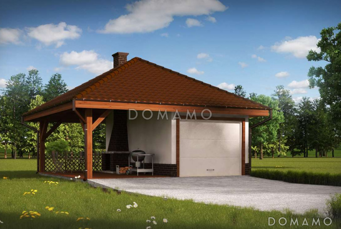 Проект одноместного гаража из кирпича с барбекю на террасе
