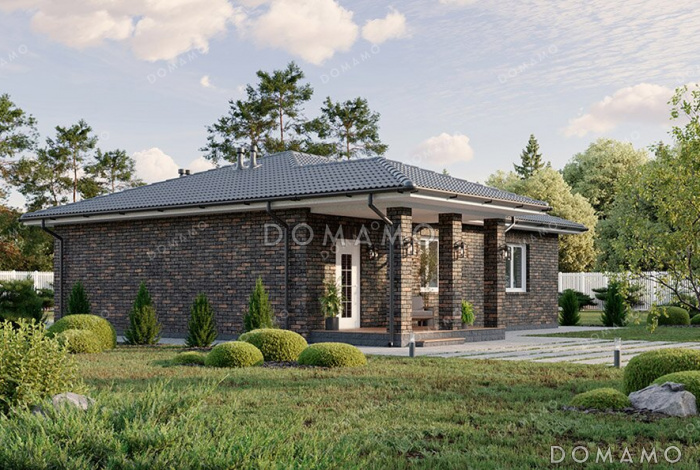 Проект одноэтажного прямоугольного дома с отделкой фасада кирпичом, одной внутренней несущей стеной, тремя спальнями и большой кухней-гостиной с выходом на крытую террасу