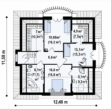Проект мансардного дома из кирпича с тремя спальнями, кабинетом и красивыми балкончиками / План мансардного этажа