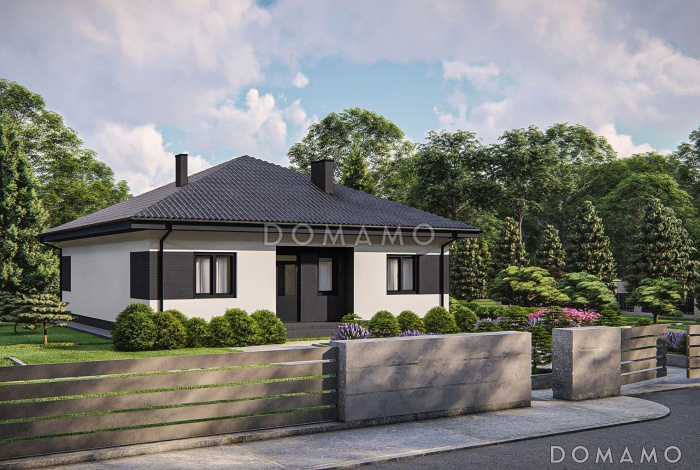 Проект одноэтажного дома с эркером в гостиной, кладовой, террасой