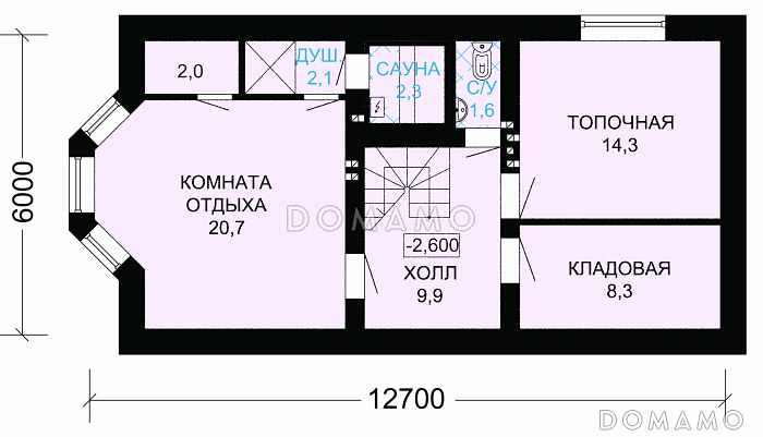 Проект великолепного дома из темного кирпича с верандой и зеленой крышей / План цокольного этажа