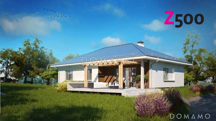 Проект практичного одноэтажного дома из газобетона с двумя частично крытыми террасами