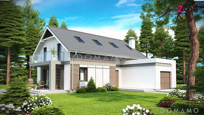 Проект одноэтажного мансардного дома из кирпича с балконом и с фронтальным пристроенным гаражом