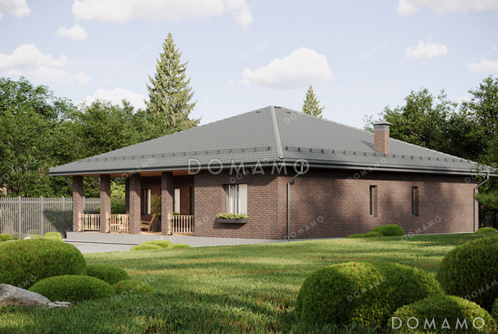 Проект большого одноэтажного дома с просторной зоной кухни-гостиной, крытой террасой, выделенной мастер-спальней и кабинетом