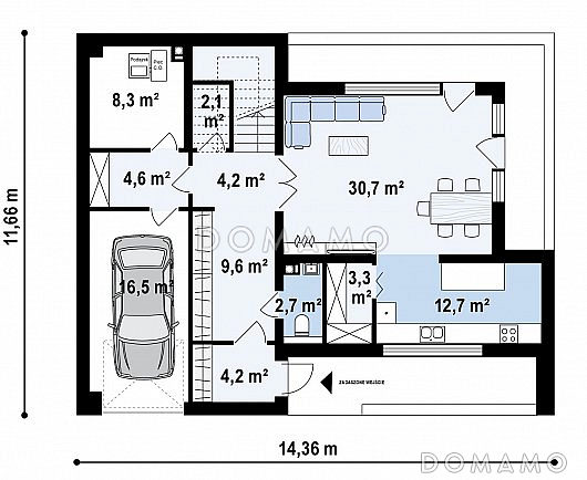 Проект современного двухэтажного дома из газобетона с плоской крышей, с четырьмя комнатами, гаражом и угловой лоджией / План 1 этажа