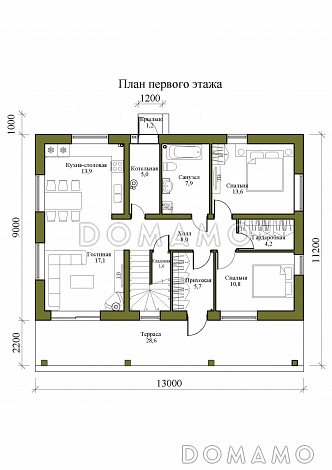 Проект одноэтажного дома с мансардой и просторной крытой террасой / План 1 этажа