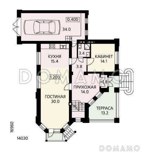 Проект дома с просторной гостиной, небольшой крытой террасой и гаражом / План 1 этажа