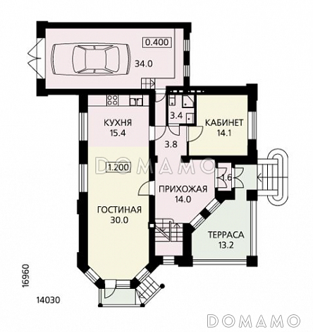 Проект дома с просторной гостиной, небольшой крытой террасой и гаражом / План 1 этажа