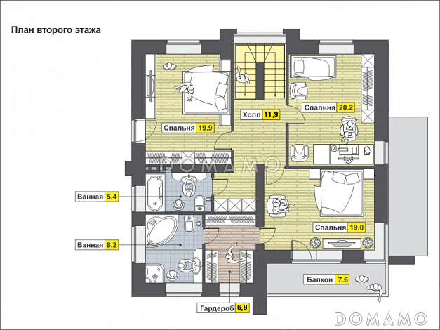 Проект загородного дома с просторной гостиной с камином, террасой, сауной на первом этаже, балконом / План 2 этажа