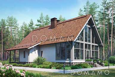 Проект дома с одной спальней, панорамным остеклением, зимним садом и чердаком