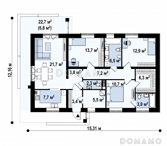 Проект одноэтажного дома простой формы с тремя спальнями,  изолированной кухней / План 1 этажа