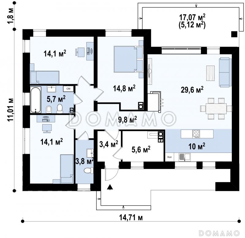 Проект стильного одноэтажного дома с плоской крышей, террасой,  тремя спальнями / План 1 этажа