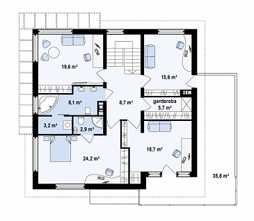 Проект просторного современного двухэтажного дома из газобетона, с пятью комнатами, гаражом и застеклённой террасой над ним / План 2 этажа