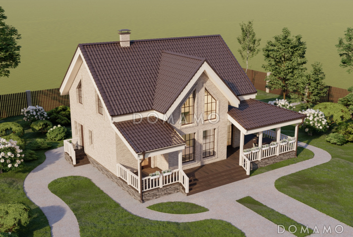 Проект двухэтажного газобетонного дома со вторым светом, просторной крытой террасой и сауной