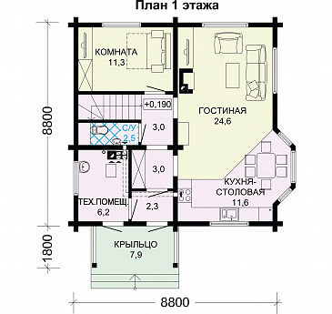 Проект дома из бруса с тремя спальными комнатами на мансардном этаже / План 1 этажа