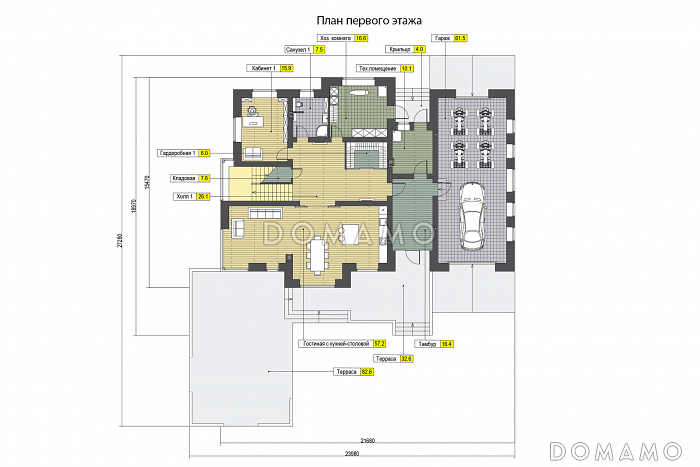 Проект дома с гаражом, двумя открытыми террасами, кабинетами, игровой на втором этаже, кладовыми / План 1 этажа