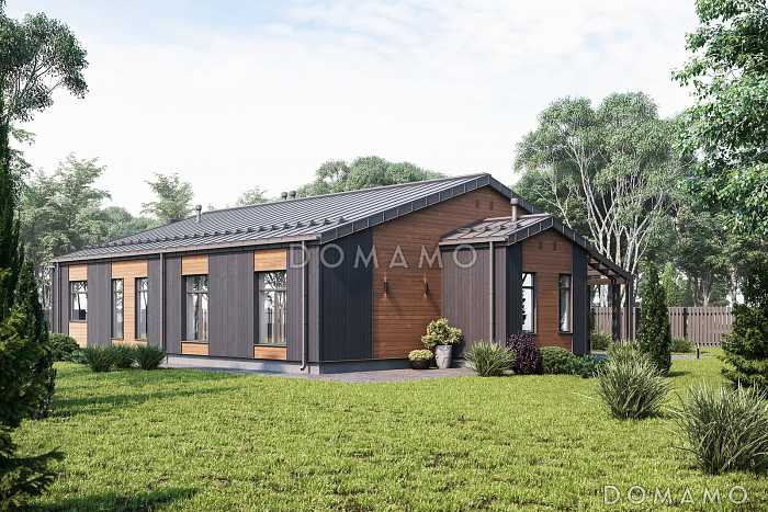 Проект дома с мастер-спальней, просторной дневной зоной, кабинетом и тремя детскими