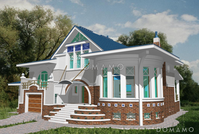 Проект коттеджа с круглой двусветной гостиной и гаражом