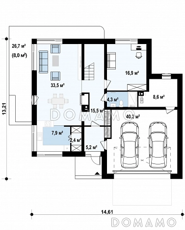 Проект двухэтажного дома с гаражом, мастер-спальней и гардеробными в спальнях / План 1 этажа