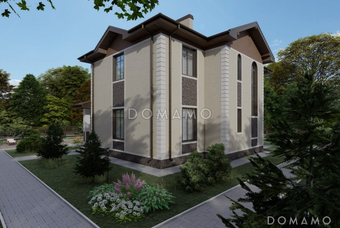 Проект двухэтажного дома с большой гостиной, 4 спальнями, террасой и балконом