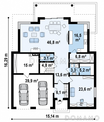 Проект просторного двухэтажного дома из газобетона с четырьмя спальнями, кабинетом, большим гаражом и тех помещением / План 1 этажа