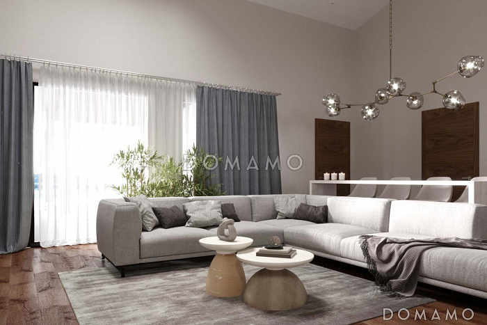 Проект каркасного дома с сауной, мастер-спальней, 2 детскими и автонавесом