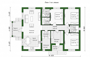 Проект одноэтажного дома с тремя спальнями, объединенной гостиной-кухней, небольшой террасой и хозяйственным помещением / План 1 этажа